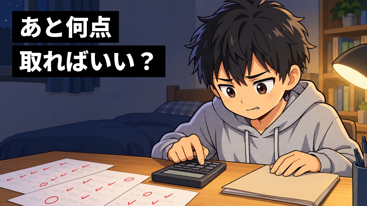 夜の自分の部屋の机で、パーカー姿の中学3年生の男子が、実力テストの答案と通知表を並べ、電卓をたたきながら眉を下げてしょんぼりしている。「あと何点 取ればいい?」の文字