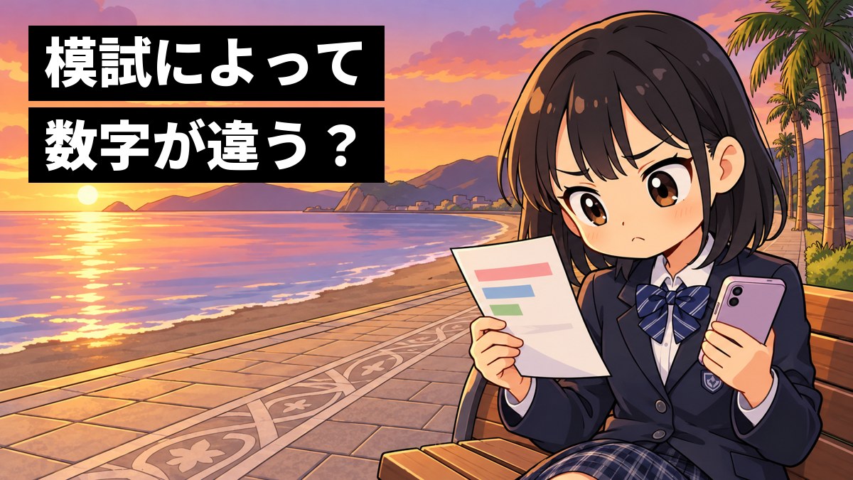 夕方の海沿いの遊歩道のベンチで、館山中の制服の中学3年生の女子が、模試の成績表とスマホを見比べ、口をとがらせて首をかしげている。「模試によって 数字が違う?」の文字