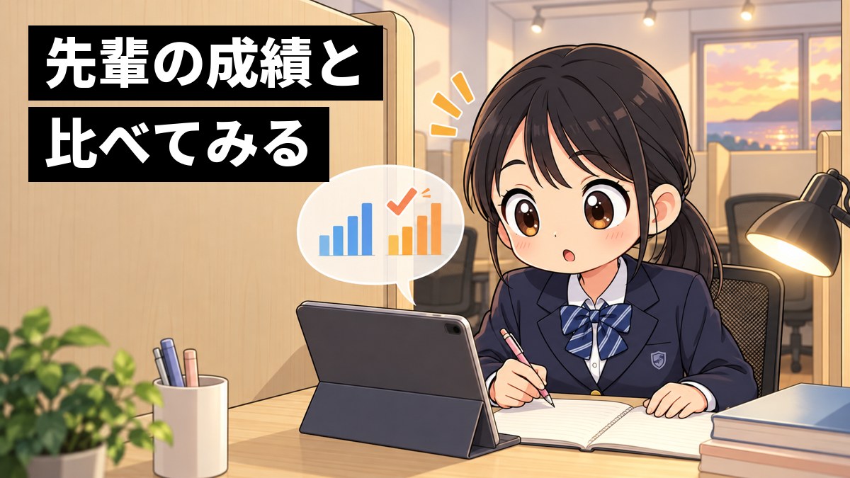 塾の自習ブースで、館山中の制服の中学3年生の女子が、タブレットに出した先輩の成績のグラフと自分の点を見比べ、はっと気づいて目を丸くしている。「先輩の成績と 比べてみる」の文字