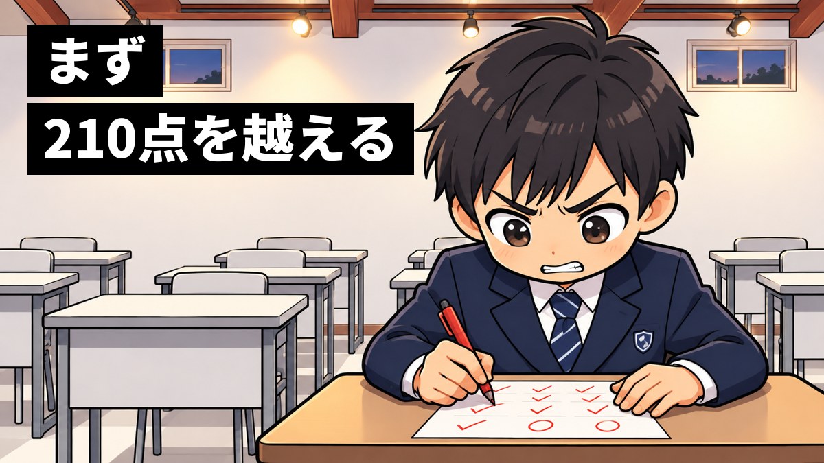 塾の教室の机で、館山中の制服の中学3年生の男子が、実力テストの答案の大問1を見直し、悔しさに歯を食いしばりながら赤ペンで直している。「まず 210点を越える」の文字