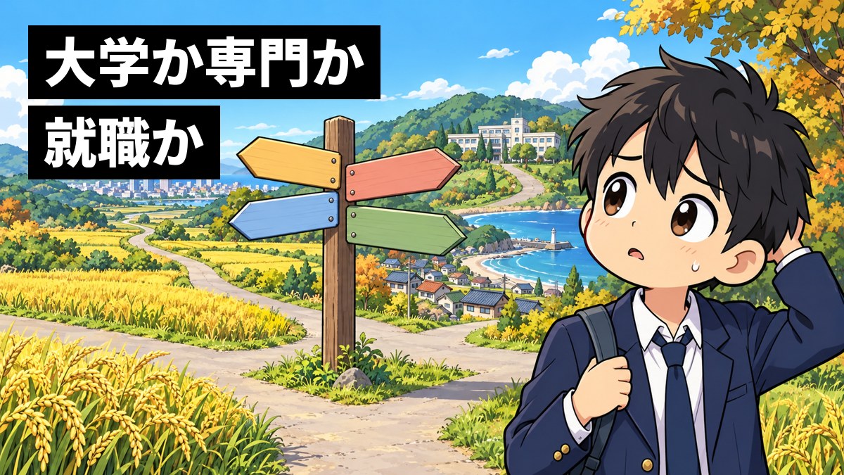 田んぼと山に囲まれた分かれ道で、高校の制服の男子が、4方向を指す道しるべを見上げ、どの道に進むか迷って眉を下げている。「大学か専門か 就職か」の文字