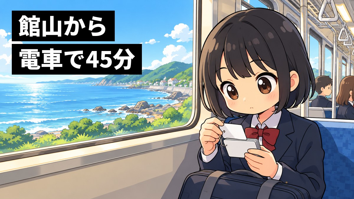 朝の電車の窓の外に青い海が流れ、高校の制服の女子生徒が座席で単語帳を開いて夢中で覚えている。「館山から 電車で45分」の文字