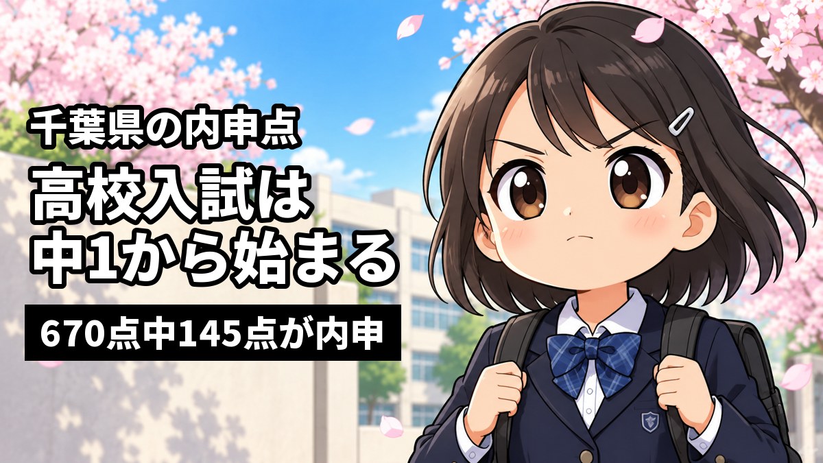 桜の咲く4月の中学校の校門の前で、館山中の制服を着た入学したての中1の女子がリュックの肩ひもを握り、口を結んでまっすぐ前を見ているイラスト。「千葉県の内申点」「高校入試は中1から始まる」「670点中145点が内申」の文字。