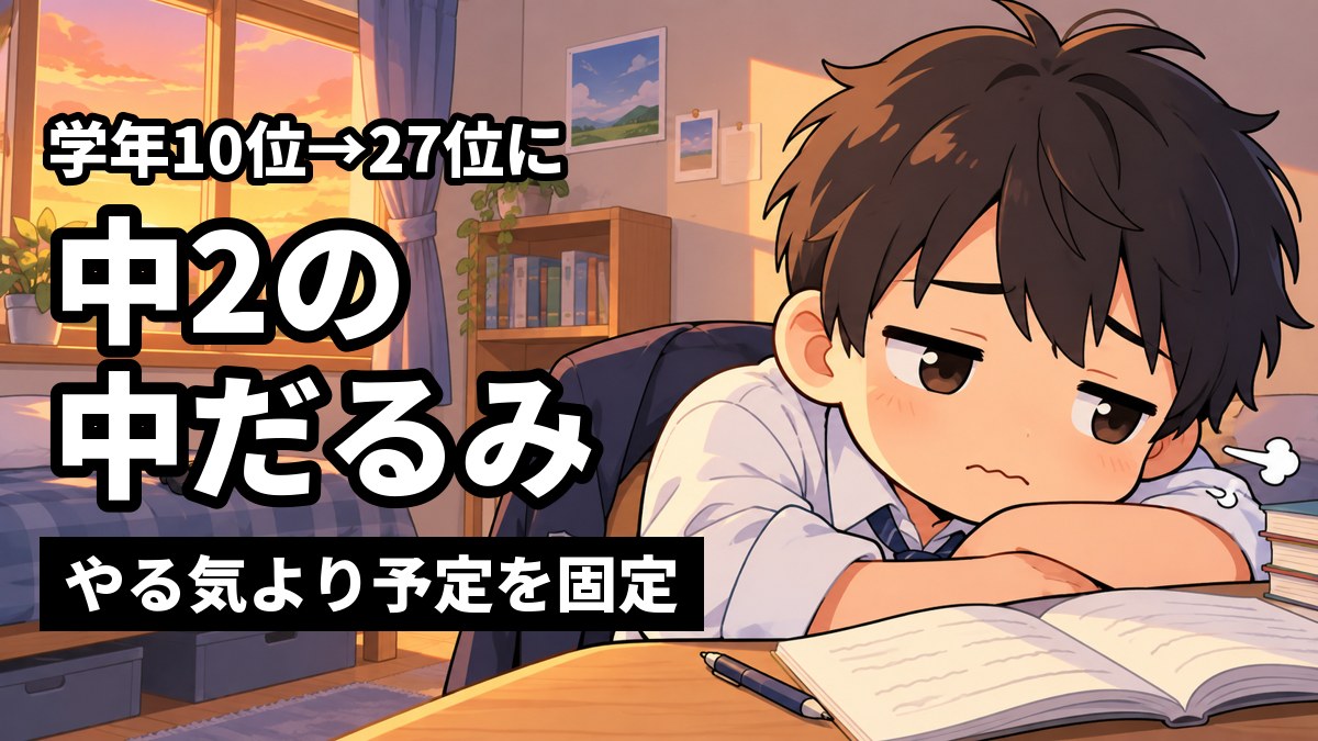 夕方の自宅の部屋で、館山中の制服の中学2年生の男子が机に突っ伏し、開いたままのワークを前にだるそうな顔をしているイラスト。「学年10位→27位に」「中2の中だるみ」「やる気より予定を固定」の文字。