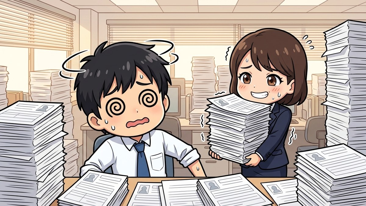 天井まで積み上がったエントリーシートの山に目を回す人事担当者のイラスト