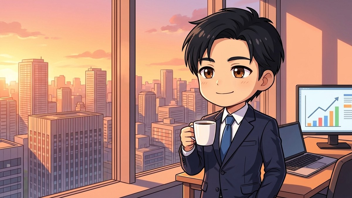 夕焼けの高層オフィスの窓際で、コーヒーを手に満足げに微笑む社会人のイラスト