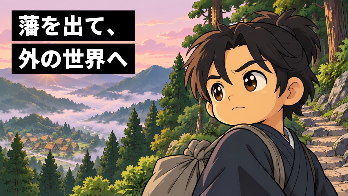 夜明けの山道で、ふるさとの村を振り返り、唇をかみしめる幕末の若い武士・坂本龍馬。「藩を出て、外の世界へ」の文字。
