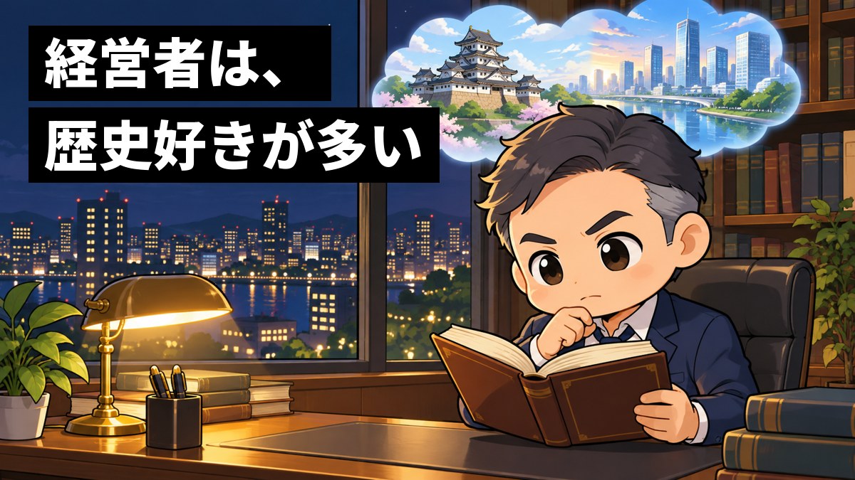 夜の社長室で、分厚い歴史の本に夢中になって読みふける40代の経営者。頭の上には、昔の城と未来の街が重なった想像の吹き出し。「経営者は、歴史好きが多い」の文字。