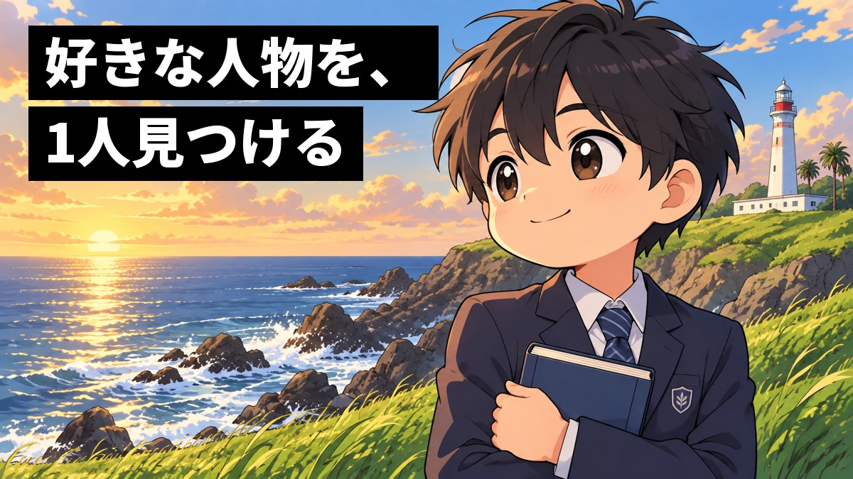 夕方の灯台のそばで、歴史の本を胸に抱えてうれしそうにほほえむ中学生の男子。「好きな人物を、1人見つける」の文字。