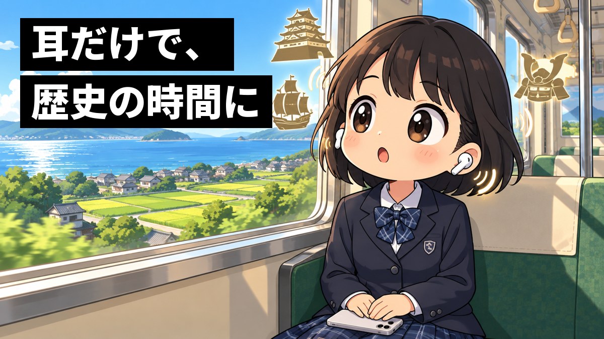 通学の電車の座席で、イヤホンで歴史のラジオに聞き入り、目を丸くする中学生の女子。窓の外には海と田んぼ。「耳だけで、歴史の時間に」の文字。