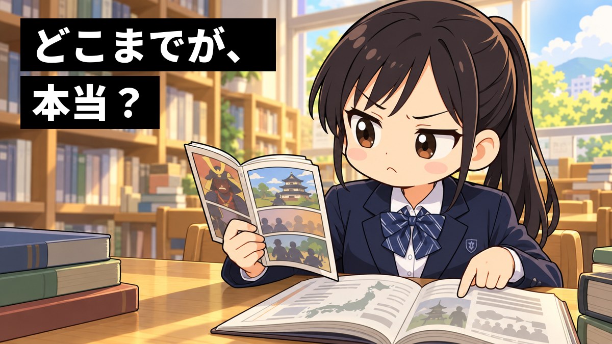 学校の図書室で、歴史漫画と社会の教科書を並べて見比べ、むっとして眉をひそめる中学生の女子。「どこまでが、本当?」の文字。