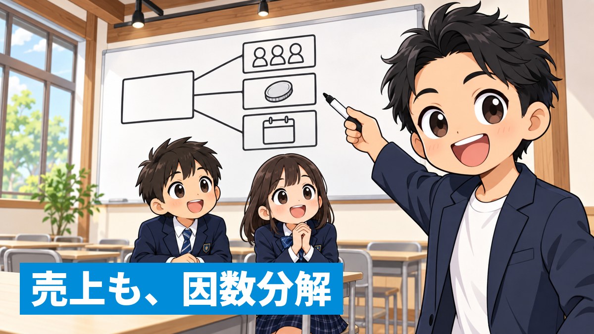 塾の教室で、塾長の小池がホワイトボードに大きな四角を3つの四角に分ける図を描いて説明し、中学生が身を乗り出して聞いているイラスト。「売上も、因数分解」の文字。