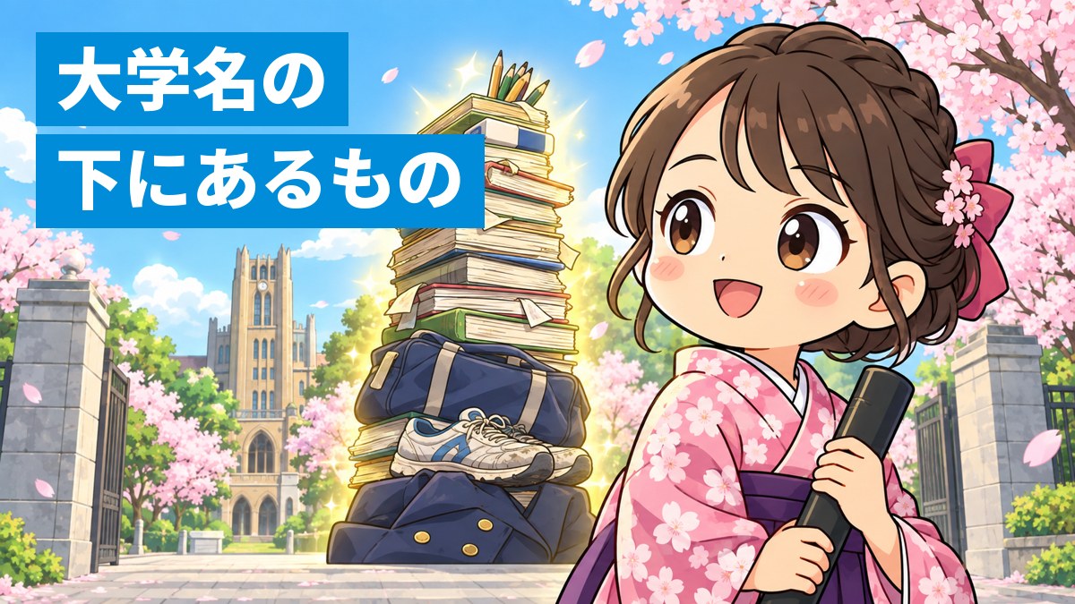 桜の咲く大学の門の前で、袴姿の卒業生が卒業証書の筒を持ってほほえみ、その後ろに使い込んだノートや鉛筆、部活のかばんが高く積み上がっているイラスト。「大学名の 下にあるもの」の文字。