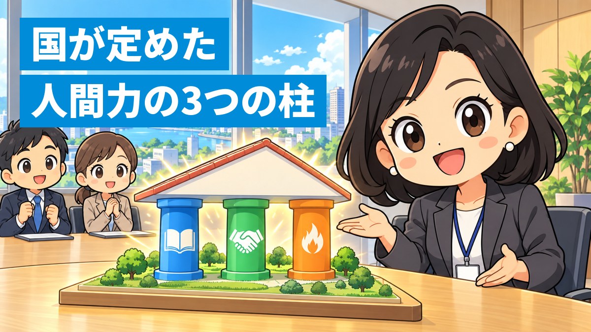 明るい会議室で、スーツの女性が、本・握手・炎の絵が描かれた3本の柱で支えられた小さな家の模型を、誇らしげに指し示しているイラスト。「国が定めた 人間力の3つの柱」の文字。