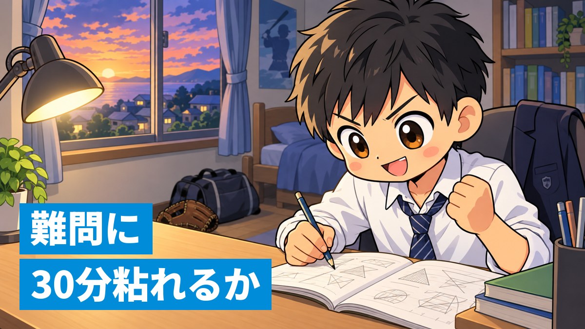 部活のあと、自分の部屋の机で、制服姿の男子中学生が数学の難しい問題に鉛筆を握って食らいつき、楽しそうに集中しているイラスト。「難問に 30分粘れるか」の文字。