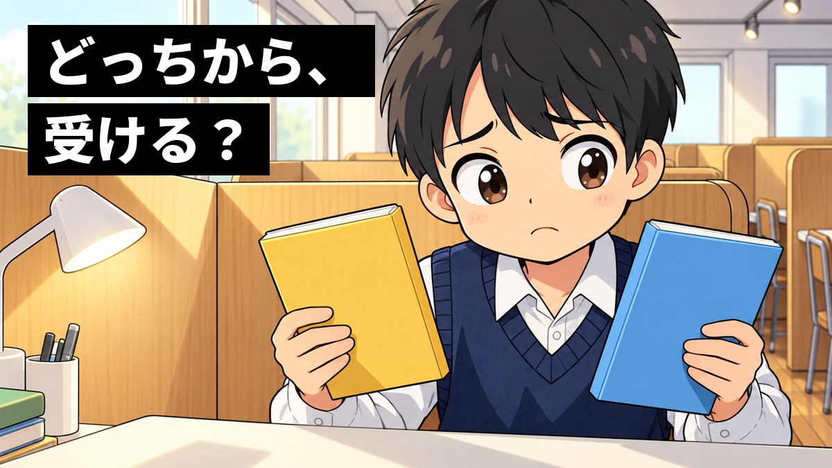 受講ブースの机で、表紙の色が違う2冊の英語のテキストを両手に持ち、決めかねて困った顔をする白シャツに紺ベストの男子高校生。「どっちから、受ける?」の文字。