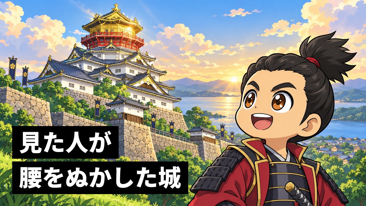 湖のほとりの山の上に、金色にかがやく高い天守の安土城がそびえている。手前で織田信長が胸を張り、ワクワクした目で天守を見上げている。「見た人が 腰をぬかした城」の文字。