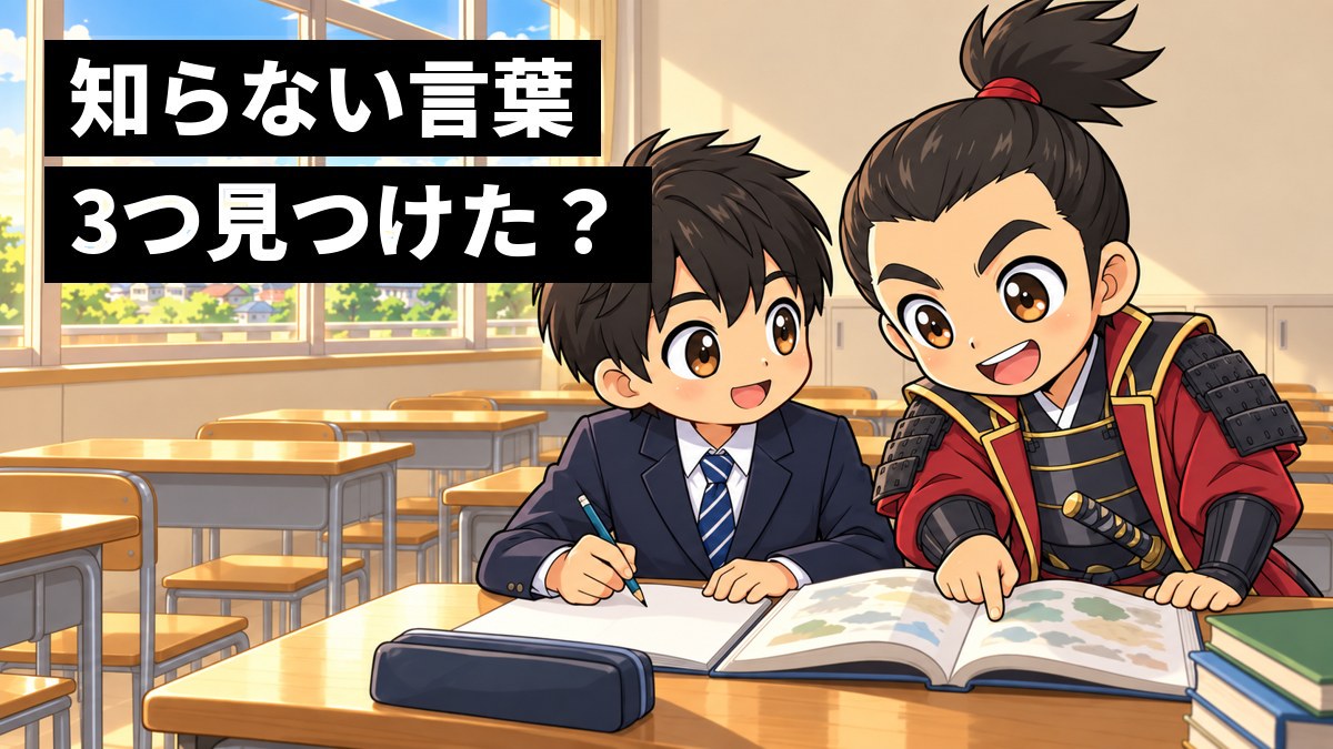 教室で、男子中学生がノートに書き取りをしていて、その横から織田信長が教科書をのぞき込み、目を輝かせて指さしている。「知らない言葉 3つ見つけた?」の文字。