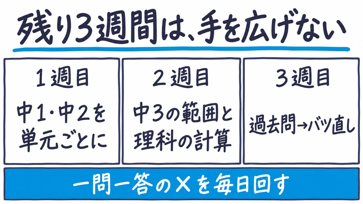 入試まで残り3週間の使い方を、1週目は中1・中2を単元ごとに、2週目は中3の範囲と理科の計算、3週目は過去問とバツ直し、その下を通して一問一答の✕を毎日回す帯で描いた手描きの図解。見出しは「残り3週間は、手を広げない」。