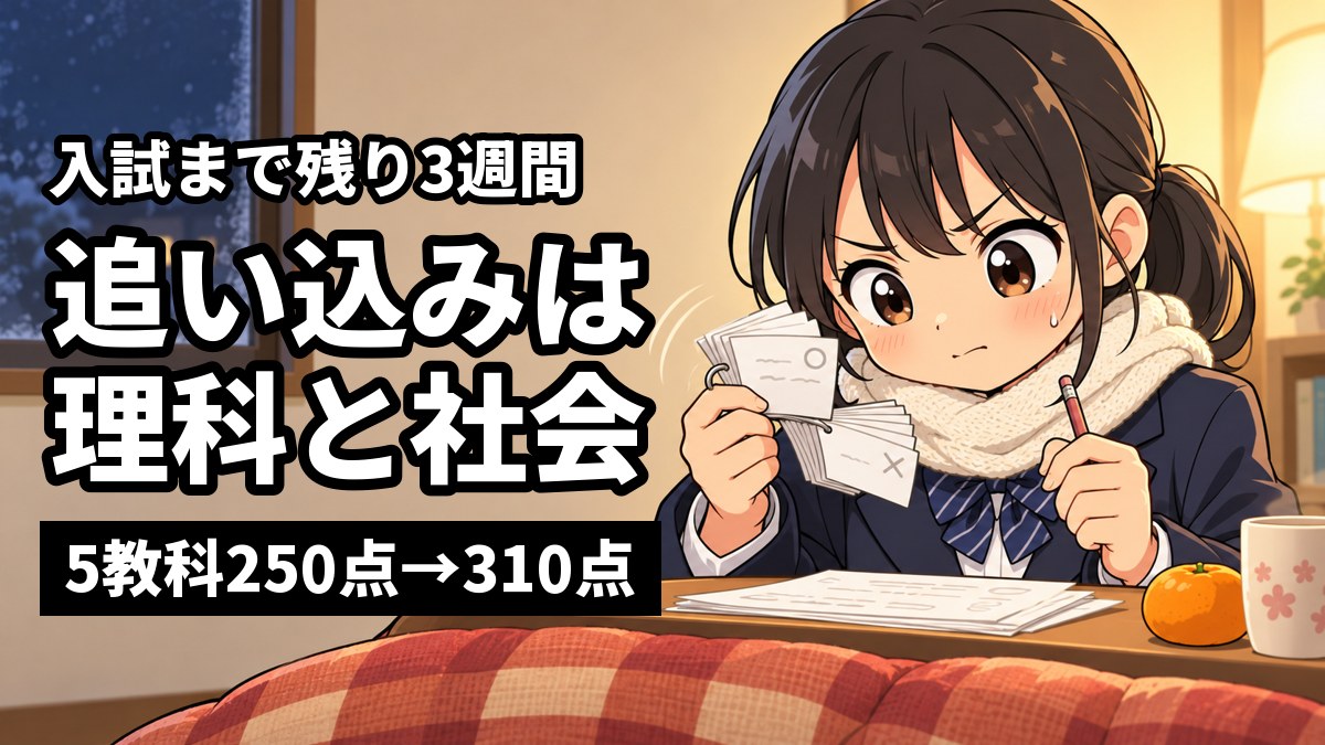 冬の夜、こたつの部屋で、館山中の制服にマフラーを巻いた女子中学生が一問一答のカードを焦った顔でめくっているイラスト。「入試まで残り3週間」「追い込みは理科と社会」「5教科250点→310点」の文字。