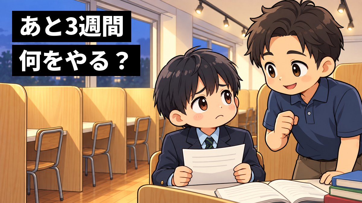塾の自習室で、志学館中の制服の中学3年生の男子が一問一答のプリントを手に、入試まで3週間で何をすればいいか不安そうに先生に質問しているイラスト。「あと3週間何をやる?」の文字。