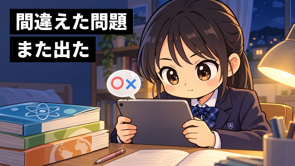 夜の自宅の勉強机で、館山中の制服の中学3年生の女子がタブレットの一問一答で、前に✕だった問題がもう一度出てきたのを夢中で解いているイラスト。「間違えた問題また出た」の文字。