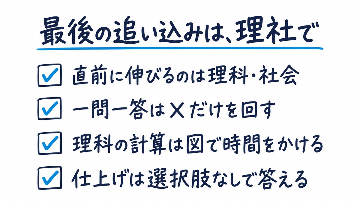 高校受験の最後の追い込みの要点、直前に伸びるのは理科・社会、一問一答は✕だけを回す、理科の計算は図で時間をかける、仕上げは選択肢なしで答える、をチェックリストにした手描きの図解。見出しは「最後の追い込みは、理社で」。