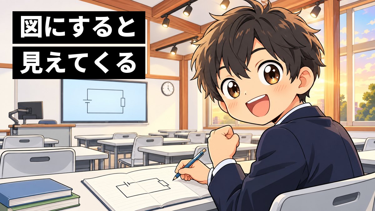 塾の教室の机で、館山中の制服の中学3年生の男子がノートに電気回路の図を描いて数字を書き込み、解き方が分かった瞬間にぱっと明るい顔になっているイラスト。「図にすると見えてくる」の文字。