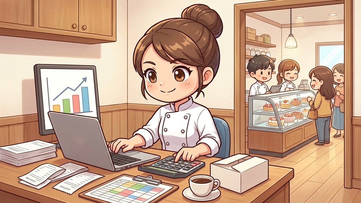 自分の洋菓子店の事務室で、パソコンの売上グラフを見ながら電卓をたたく店長のパティシエと、奥の売り場で接客するスタッフのイラスト