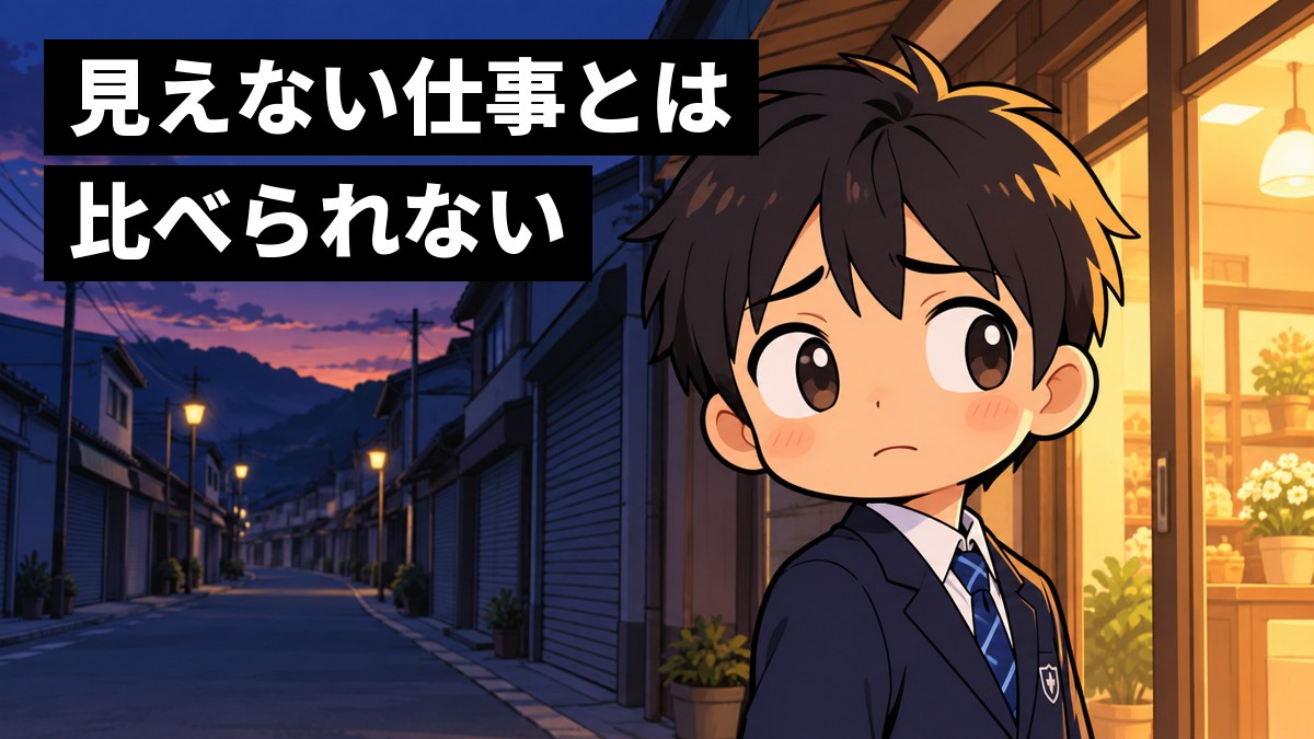 夕暮れの商店街で、明かりのついた一軒の店の前に立ち、暗いままのほかの店を振り返って途方にくれる制服の中学生。「見えない仕事とは比べられない」の文字。
