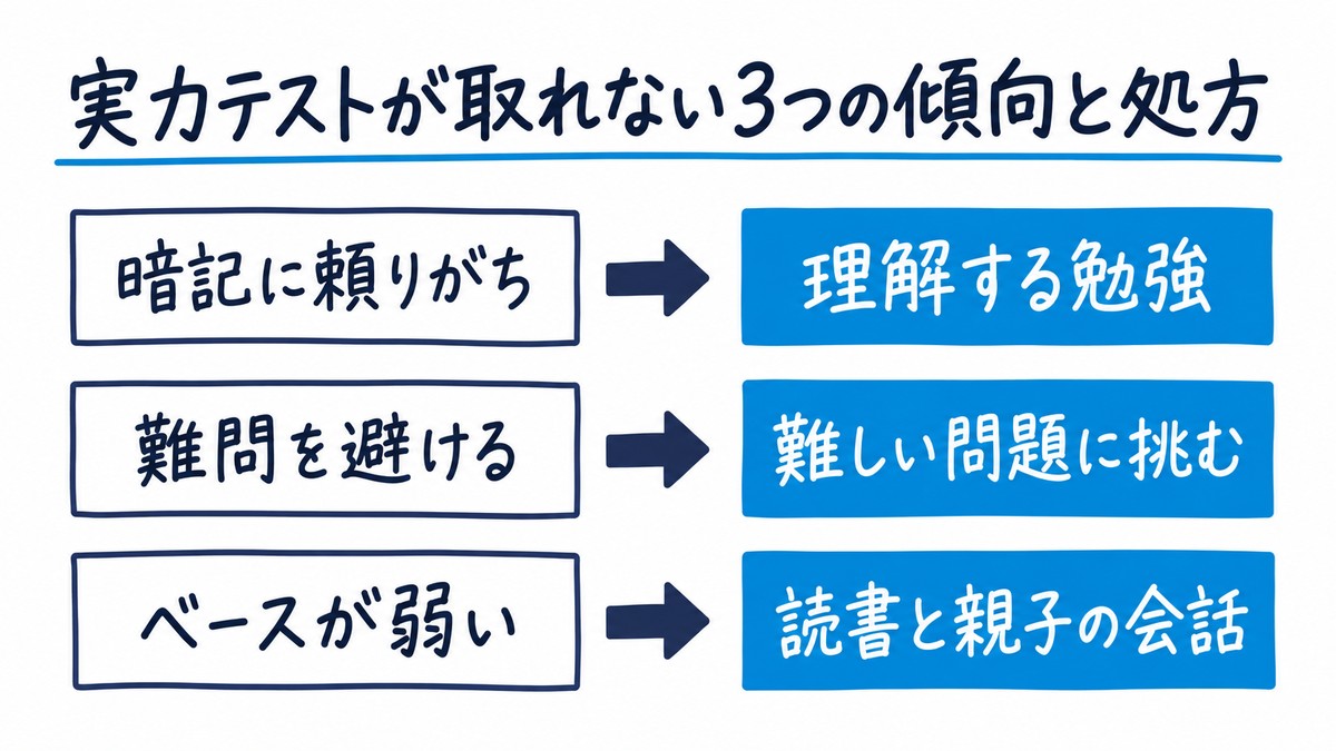 実力テストが取れない子の3つの傾向と処方を並べた手描きの図解。暗記に頼りがち→理解する勉強、難問を避ける→難しい問題に挑む、ベースが弱い→読書と親子の会話。見出しは「実力テストが取れない3つの傾向と処方」。
