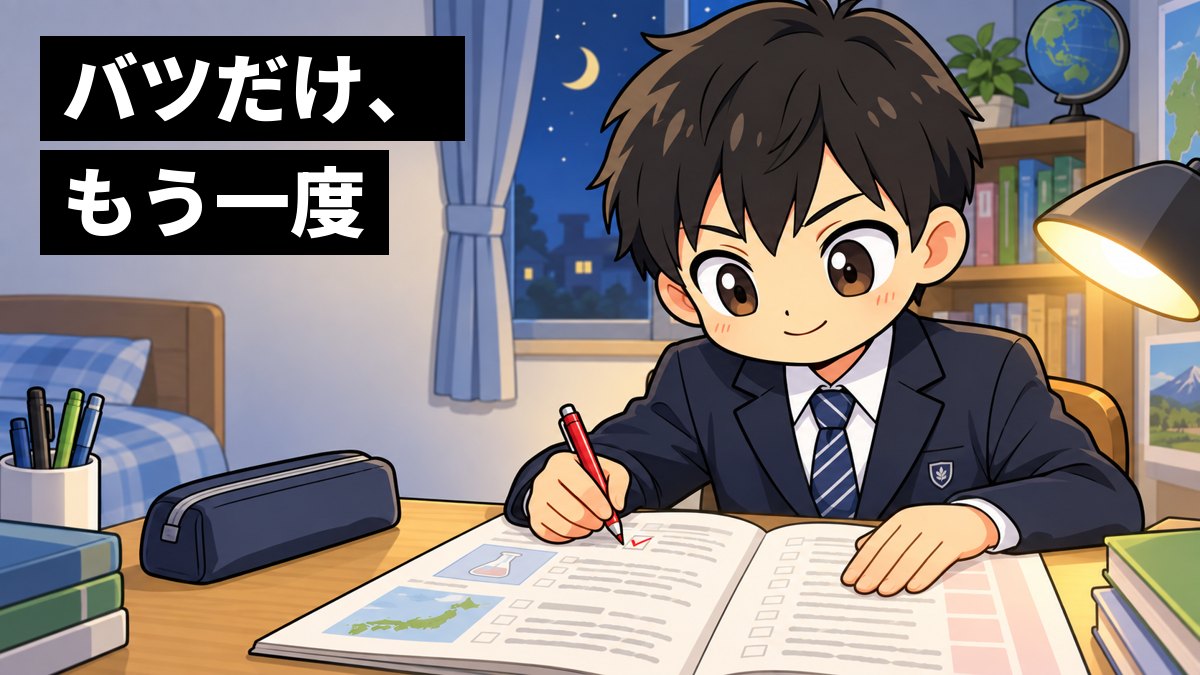 夜の自宅の机で、館山中の制服を着た中学2年生の男子が、理科と社会の一問一答を解き、間違えた問題だけに赤ペンで印をつけて手応えを感じているイラスト。「バツだけ、もう一度」の文字。