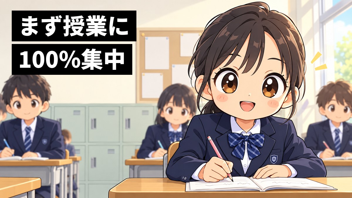 朝の中学校の教室で、よく眠ってすっきりした顔の女子中学生が、前を向いて授業に夢中になり身を乗り出しているイラスト。「まず授業に100%集中」の文字。