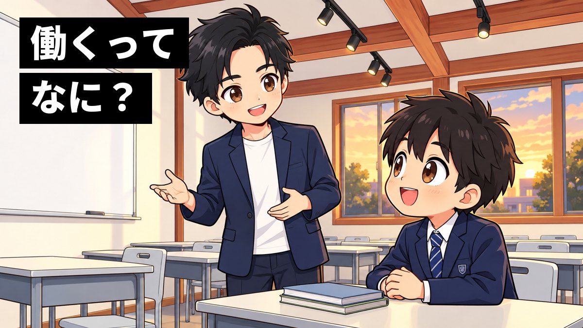塾の教室で、授業の合間に塾長が中学1年生の男子に大人の仕事の話をし、男子が目を輝かせて聞いているイラスト。「働くってなに?」の文字。