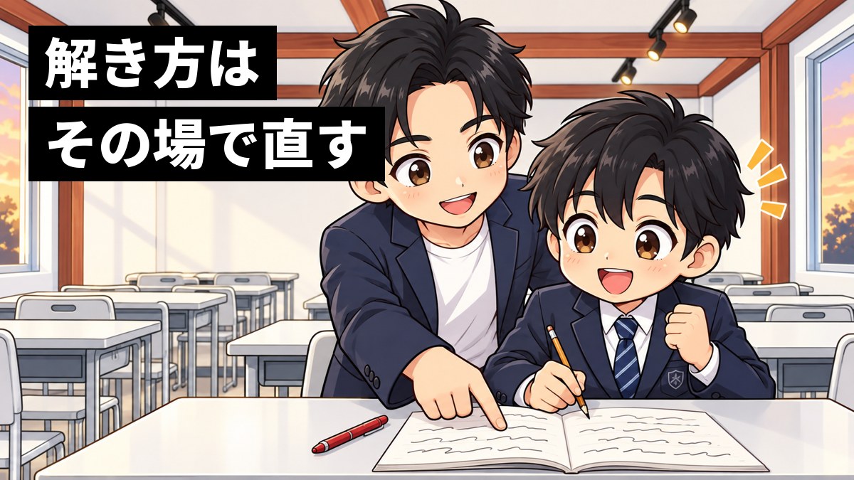テスト前の塾の教室で、中学生の男子が学校ワークを解いているそばで塾長がやり方をその場で直し、男子が分かった瞬間に目を輝かせているイラスト。「解き方はその場で直す」の文字。