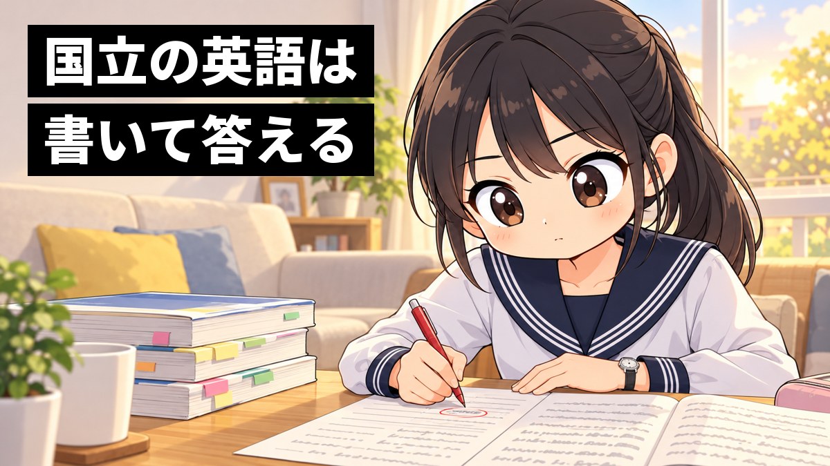 夕方、自宅のリビングのテーブルで、木更津高校の制服の高2女子が、英文の和訳の答案を書き終え、赤ペンで直しを入れながら手応えをつかんだ顔をしている挿絵。文字「国立の英語は書いて答える」