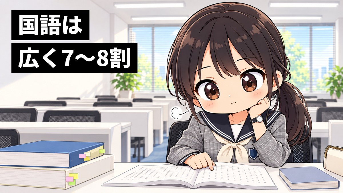 東進館山校の白い長机で、翔凜高校の制服の高3女子が、古文の単語帳と共通テストの問題を広げ、読めなかった一文が読めてほっとした顔をしている挿絵。文字「国語は広く7〜8割」