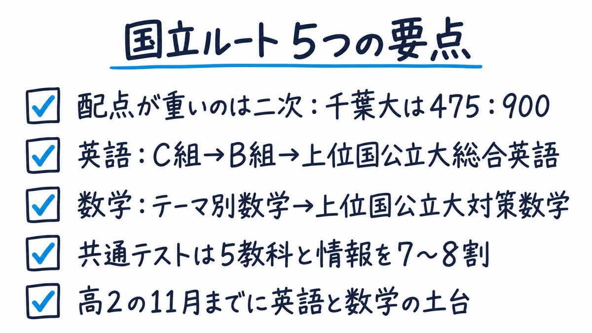 千葉大・横浜国立・筑波のルートの要点の手描き図解。「配点が重いのは二次:千葉大は475:900」「英語:C組→B組→上位国公立大総合英語」「数学:テーマ別数学→上位国公立大対策数学」「共通テストは5教科と情報を7〜8割」「高2の11月までに英語と数学の土台」の5項目。見出しは「国立ルート 5つの要点」。
