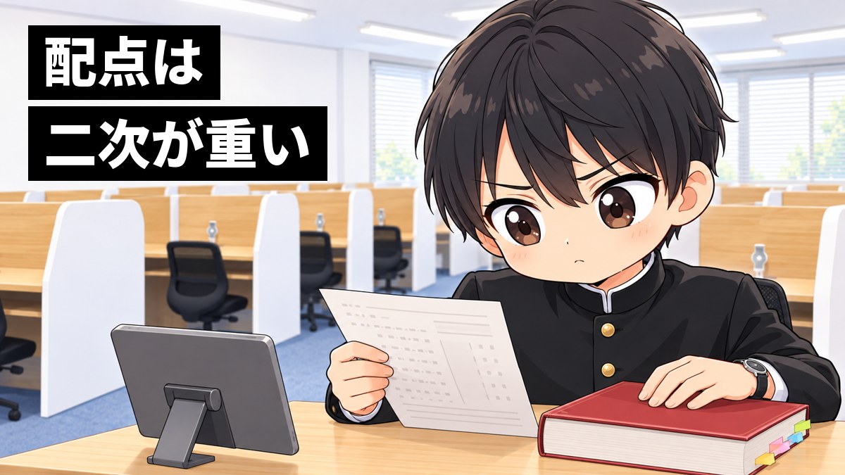 東進館山校の受講ブースで、安房高校の学ランの高2男子が、共通テストの自己採点の紙と二次試験の過去問を左右に並べ、どちらに時間を回すか考え込んでいる挿絵。文字「配点は二次が重い」