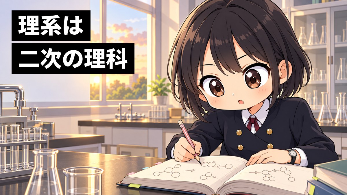 高校の理科室の実験台で、安房高校の制服の高3女子が、化学の問題集に図を書き込み、反応の流れがつながって夢中になっている挿絵。文字「理系は二次の理科」