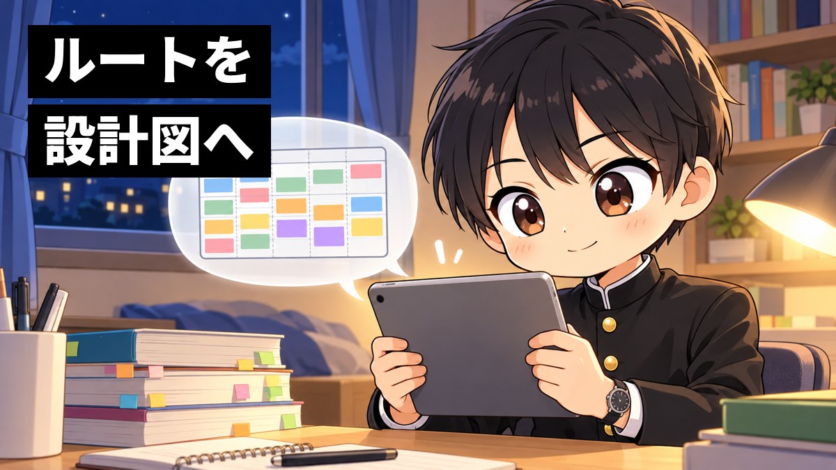 日曜の夜、自分の部屋の机で、安房高校の学ランの高2男子が、iPadの合格設計図にこの記事の講座を一つずつ登録し、来週の予定が埋まっていくのを見て満足げにうなずいている挿絵。画面は本人の方を向いている。文字「ルートを設計図へ」