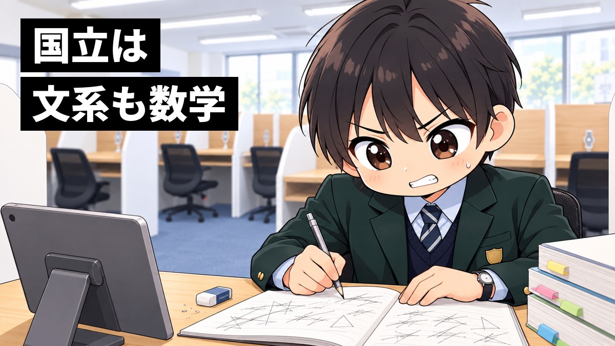 東進館山校の受講ブースで、志学館高校の制服の高2男子が、入試の数学の問題が解けずに悔しそうに歯を食いしばり、ノートに式を書き直している挿絵。文字「国立は文系も数学」