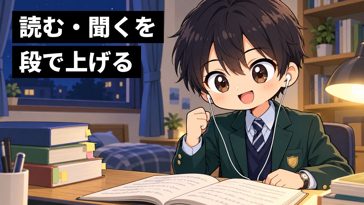 夜、自分の部屋の机で、志学館高校の制服の高2男子が、イヤホンで英語のリスニングを聞きながら、聞き取れた手ごたえに笑顔で小さくガッツポーズをしている挿絵。文字「読む・聞くを段で上げる」
