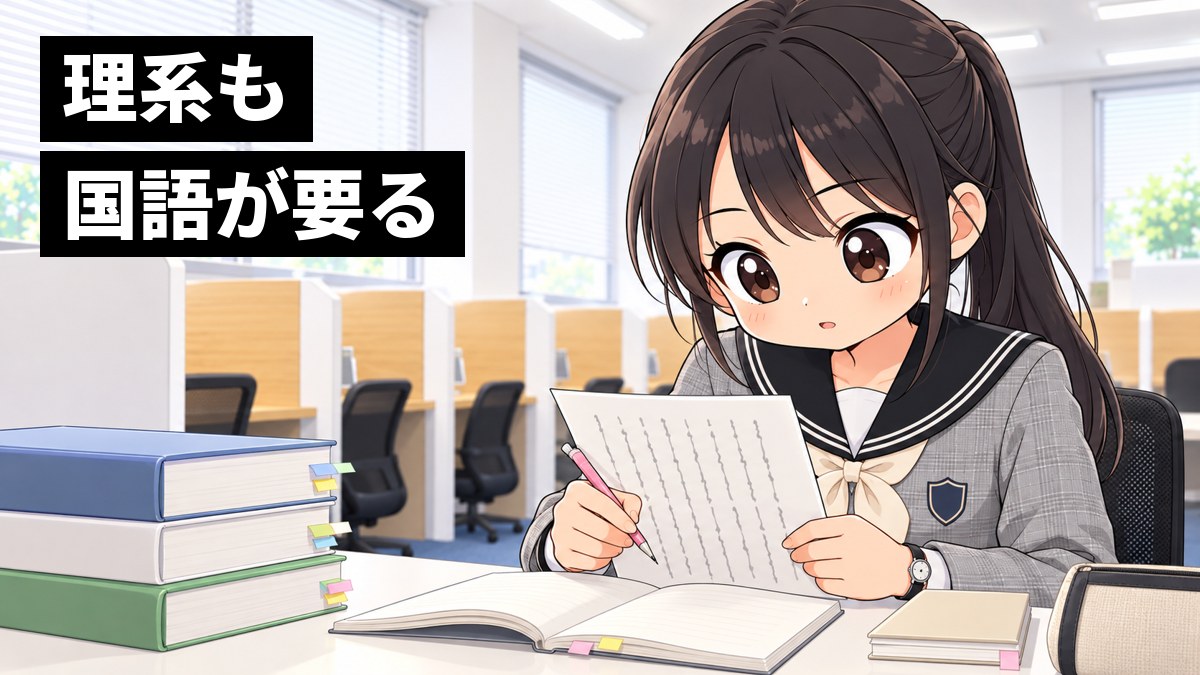 東進館山校の白い長机で、翔凜高校の制服の高3女子が、古文と漢文のプリントに夢中になり、目を輝かせて読み進めている挿絵。文字「理系も国語が要る」