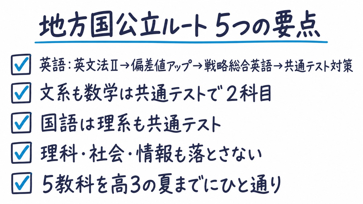 地方国公立ルートの要点の手描き図解。「英語:英文法Ⅱ→偏差値アップ→戦略総合英語→共通テスト対策」「文系も数学は共通テストで2科目」「国語は理系も共通テスト」「理科・社会・情報も落とさない」「5教科を高3の夏までにひと通り」の5項目。見出しは「地方国公立ルート 5つの要点」。