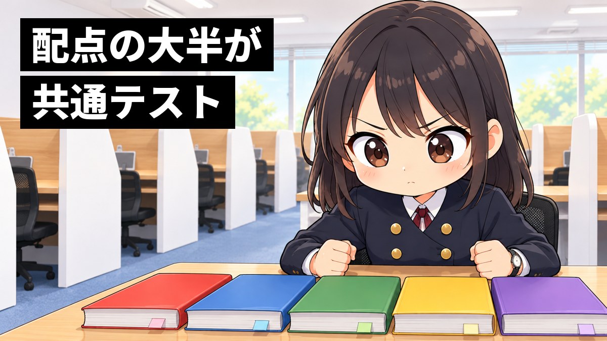 東進館山校の受講ブースで、安房高校の制服の高2女子が、5教科の教科書を机いっぱいに並べ、口を結んでどれも手を抜かないと腹を決めている挿絵。文字「配点の大半が共通テスト」