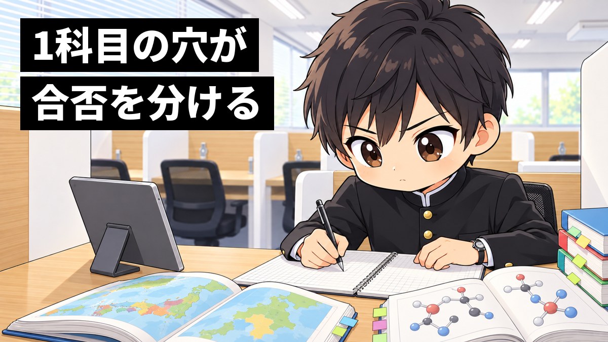 東進館山校の窓ぎわの受講ブースで、安房高校の学ランの高3男子が、地図帳と化学の問題集を左右に置き、口を結んできっぱりと予定表に書き込んでいる挿絵。文字「1科目の穴が合否を分ける」