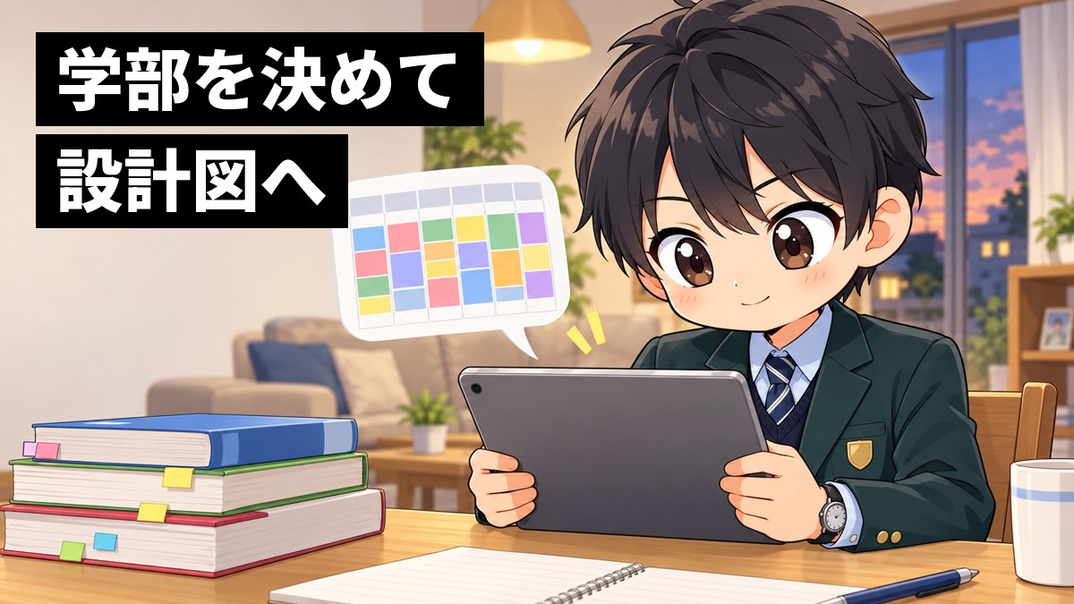 日曜の夜、自宅のリビングのテーブルで、志学館高校の制服の高2男子が、iPadの合格設計図に講座を一つずつ登録し、来週の予定が埋まっていくのに夢中になって満足げにうなずいている挿絵。文字「学部を決めて設計図へ」