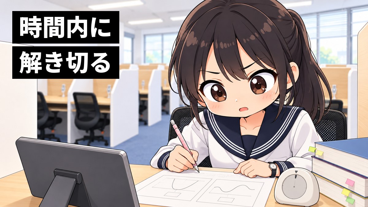 東進館山校の受講ブースで、木更津高校の制服の高2女子が、数学の問題を解きながらキッチンタイマーの残り時間を見て、眉を下げて焦っている挿絵。文字「時間内に解き切る」
