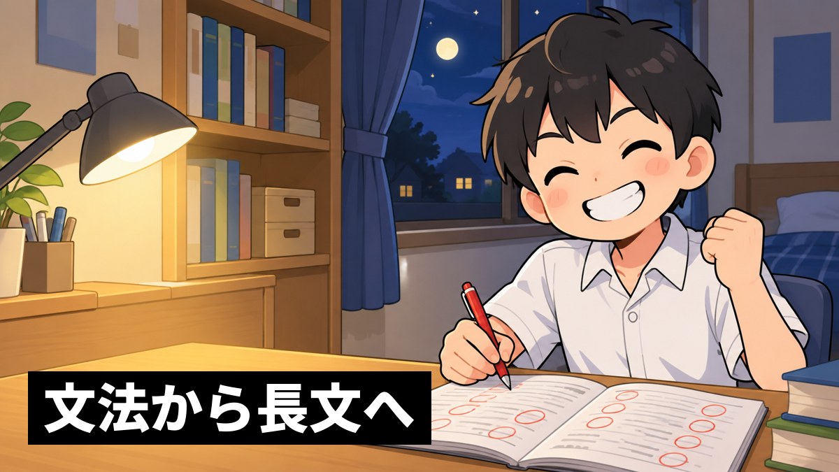 夜、自分の部屋の机で、木更津高校の制服の高1男子が、英文法の問題集に赤ペンで丸をつけながら小さくガッツポーズをしている挿絵。「文法から長文へ」の文字。